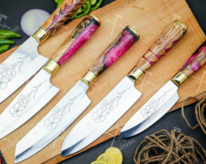 Hand Forged Damascus Chef Knife Set, Olivewood & Resin Handle