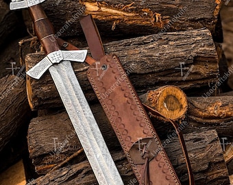 32.5" Handmade Damascus Steel Medieval Viking Collectible Sword with Leather Sheath