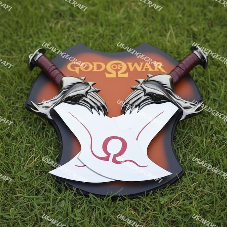 Kratos God of War Blades of Chaos: Metal Replica Twin Blades With Wall Planque PAIR OF BLADES