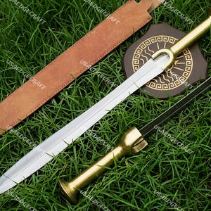 Riptide Inspired Greek Xiphos Handmade Sword with Brass Handle — Leather Sheath, Collector Gift