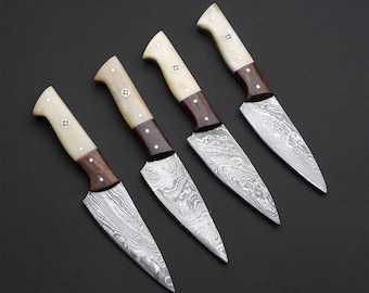 Juego de 4 cuchillos para carne de acero de Damasco, cuchillos para barbacoa, cuchillos para carne al aire libre, juego de cuchillos de chef, cuchillos de mesa
