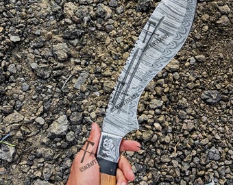 Handgesmeed Damascus Kukri campingmes met leren schede | Bushcraft Kukri-jachtmes