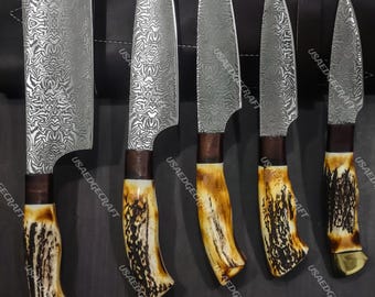 Handgemaakte koksmessenset van roestvrij staal met Damascus-ets: handvat van hertgewei, 5-delig keukenbestek