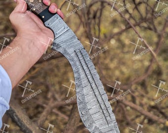 Cuchillo Kukri de Damasco forjado a mano con funda de cuero / Cuchillo de caza Bushcraft Kukri / Cuchillo para acampar al aire libre