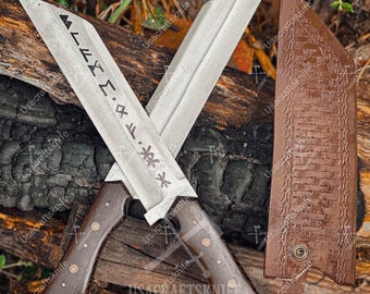 Hand Forged Viking Seax Knife, Stainless Steel  full tang Hunting Knife with Leather Sheath