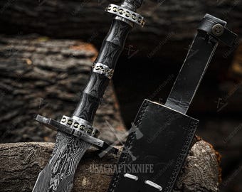 Espada vikinga de acero de Damasco hecha a mano con funda de cuero – Regalo coleccionable