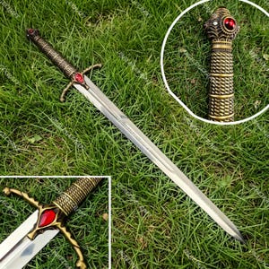 Lannister Inspired Fantasy Sword with Bronze Scale Handle — Red Ruby Guard, Collector Display Gift