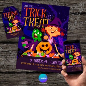 Puede incluir: Conjunto de invitaciones de Halloween con un esquema de color púrpura y naranja. El diseño presenta brujas de dibujos animados, una calabaza y el texto "Trick or Treat". Incluye una etiqueta que dice "Thank You". Un teléfono inteligente muestra el mismo diseño.