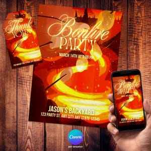 Puede incluir: Invitación y etiqueta de agradecimiento para una fiesta de hoguera con un diseño naranja y amarillo vibrante. La invitación incluye el texto "Bonfire Party" y los detalles del evento. Un smartphone muestra el mismo diseño. La etiqueta dice "Thank You!"
