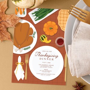 May include: Thanksgiving dinner invitation featuring a turkey, pumpkin, and pie illustration. The invitation includes the text "Thanksgiving Dinner" and event details. A place setting with a napkin and gold cutlery is on the right.