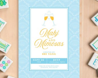 May include: Light blue invitation with a fan pattern and the words "Mahj and Mimosas." The invitation includes details for an event hosted by Bri Yang on September 26th at 7 PM, with an RSVP number. Mahjong tiles surround the invitation.