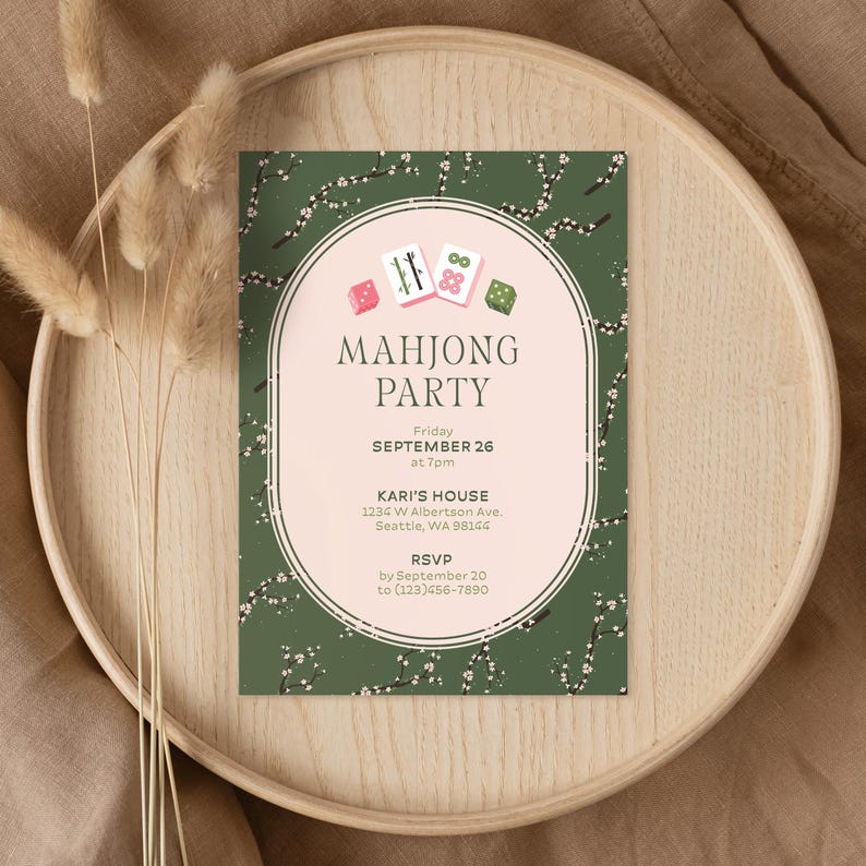 May include: A Mahjong Party invitation card with a green floral background and a central oval design. The oval contains Mahjong tiles and the words "MAHJONG PARTY". Details include date, time, location, and RSVP information.