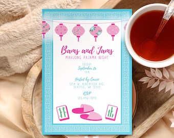 May include: A teal invitation with the text "Bams and Jams Mahjong Pajama Night" and pink lantern illustrations. The invitation includes event details and RSVP information. A cup of tea with a spoon is in the top right corner.