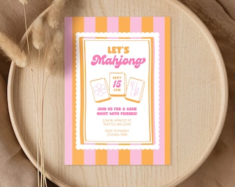 Pode incluir: Um convite colorido para uma noite de jogos de Mahjong. O design apresenta listras verticais rosa e laranja, com as palavras "LET'S Mahjong" em uma fonte lúdica. O convite inclui a data, hora e detalhes do local.