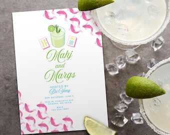 May include: A party invitation with the text "Mahj and Margs" and a pink fish pattern. Two margarita cocktails with lime wedges and salt-rimmed glasses are in the image. Ice cubes are scattered around the glasses.