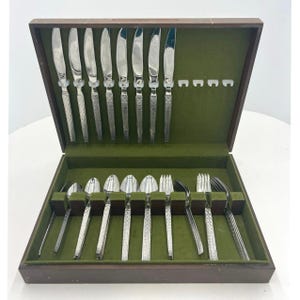 Vintage Metal Flatware Cutlery Set Service for 8 with Wood Storage Box
