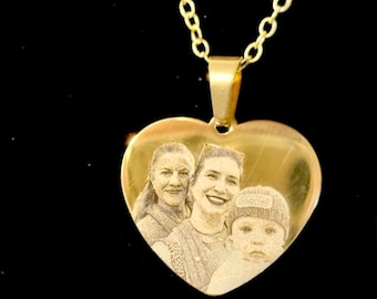 Personalized Photo Heart Necklace, Engraved Gold Pendant, Anniversary Gift