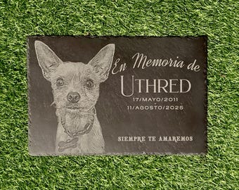 Personalized Pet Memorial Stone with Photo Restoration - Laser Engraved Slate Grave Marker - Weatherproof Dog Cat Photo Garden Plaque