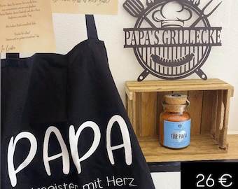Vatertagsgsgeschenkset für Papa | Grillschürze, Grillgewürz, Grilldekoschild und Karte mit liebevollem Text | Geschenk Papa
