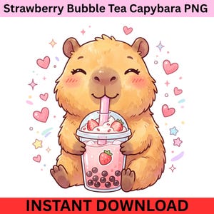 Puede incluir: Una ilustración digital de un capibara de color canela sosteniendo un vaso de plástico transparente de té de burbujas de fresa con una pajita rosa. El capibara tiene una expresión sonriente, mejillas rosadas y está rodeado de corazones y estrellas.