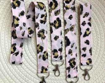 Leopard Print Fabric Lanyard, Wrist Keychain, Key Fob, Teacher Lanyard, ID Badge Holder, Gold Blush Black Cheetah