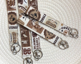 Coffee Fabric Lanyard, Wrist Keychain, Key Fob, Teacher Lanyard, ID Badge Holder