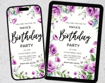 Purple Floral Birthday Invitation: Editable Canva Template (Digital Download)
