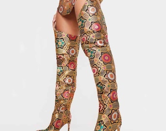 Paisley Thigh Boots: Floral Pattern, Pointed Toe, High Heel-By PrimaDND