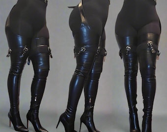 Thigh High Boots: Cut Out Chaps Look (Adjustable Buckles, Stiletto Heel)