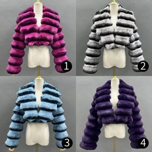 The image is a collage of four different fur coats, each with unique color and style. The coats are displayed on mannequins against a gray background.
