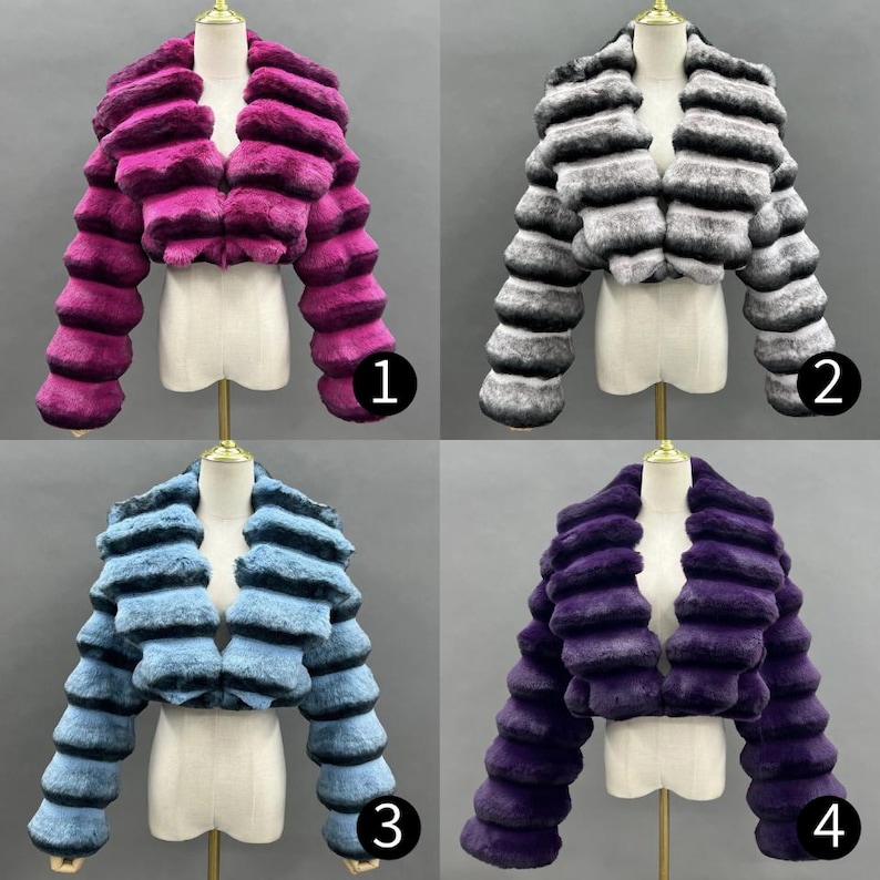 The image is a collage of four different fur coats, each with unique color and style. The coats are displayed on mannequins against a gray background.
