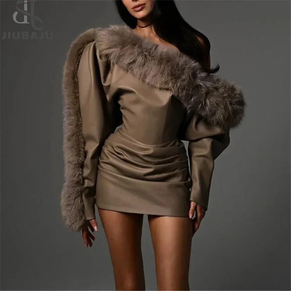 leather dress with fur Black Leather Mini Dress With Fur Skirt And Gold Buckle Detailed Belt RAISA VANESSA INT