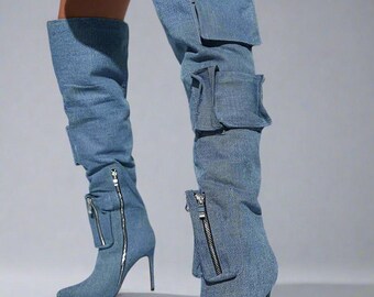 Denim Over-the-Knee Boots: Stiletto Heel with Pockets