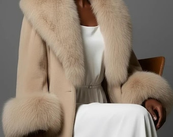 May include: A beige coat featuring a large fur collar and fur cuffs, worn over a white dress. The model is seated in a brown chair. The background is a solid grey.