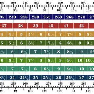 The image is a shoe size chart that provides the shoe size for different countries and regions. It includes the United States, the United Kingdom, Europe, the United States, and the United Kingdom. The chart has a color-coded system to indicate the shoe size, with each color representing a different country or region. The chart is designed to help customers determine the appropriate shoe size based on their country of origin or residence.