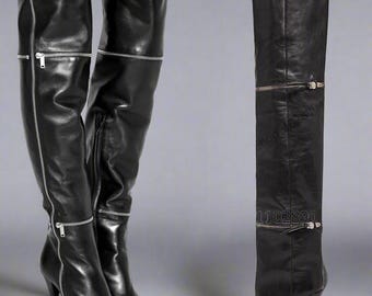 Oberschenkelhohe Stiefel mit Reißverschluss, schwarzes Kunstleder (Stilettoabsatz, Größen 35–43) – von PrimaDND