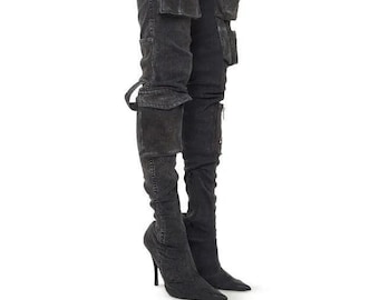Denim Pockets Thigh-High Stiletto Boots: Pointed Toe, 10cm Heel