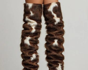 Cowboy Cowhide Natural or Faux Boots – Custom Size Thigh High Boots With Plush Winter Warmth