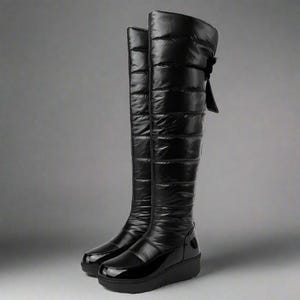 Knee Puffer Boots - Quilted Nylon, Cozy Lining, Bow Accent