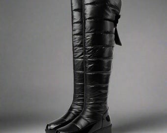 Knee Puffer Boots - Quilted Nylon, Cozy Lining, Bow Accent