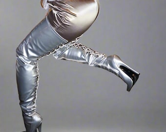 Custom Thigh-High Boots: Faux Patent Leather, Corset Lacing, Stiletto Heel-By PrimaDND