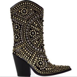 Black heeled cowboy boot with gold and silver rhinestone embellishments, western style footwear