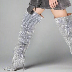 Over Knee Boots: Rhinestone Detail - Custom Made, Chunky Heel-By PrimaDND