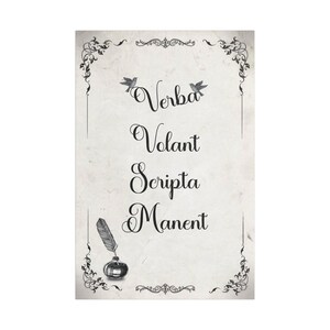 May include: A rectangular print with the Latin phrase "Verba Volant Scripta Manent" in elegant black script. The print features decorative flourishes, two bird illustrations, and an inkwell with a quill on a textured, off-white background.