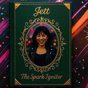 以下が含まれることがあります： 金色の文字と装飾が施された緑色の本。表紙には、楕円形のフレームの中に笑顔の人物が描かれています。画像の上には「Jett」、下には「The Spark Igniter」と書かれています。