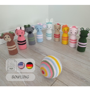 Juego de bolos Amigurumi, 10 piezas, juguete para bebés y niños, animales, patrón de ganchillo, conejo, oso, elefante, mono, etc., alemán e inglés