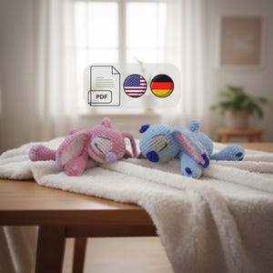 Stitch und Angel inspirierte Kuscheltiere, Amigurumi Häkel Anleitung, PDF, Deutsch und Englisch verfügbar, Blauer Alien, Pinker Alien