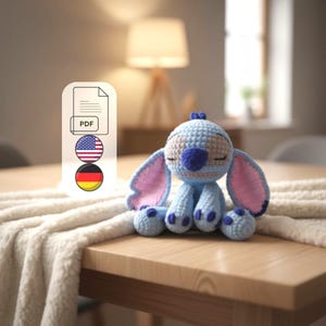 Stitch inspiriertes Kuscheltier, Amigurumi Häkel Anleitung, PDF, Deutsch und Englisch verfügbar, Blauer Alien