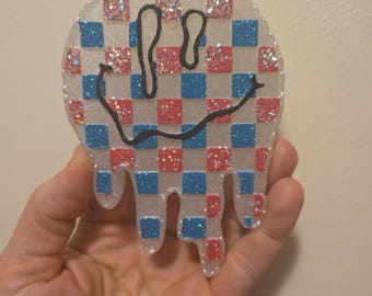 Ambientador para coche con forma de cara sonriente / Ambientador para coche con goteo a cuadros / Aroma Sweet Grace / Ambientador para coche hecho a mano