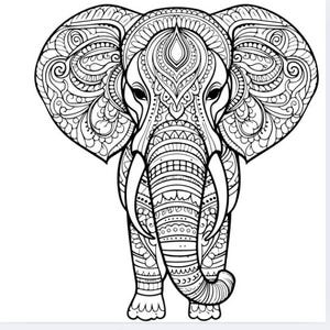 May include: A detailed black and white illustration of an elephant. The elephant is facing forward, with large, ornate ears and a trunk. The body is covered in intricate patterns and designs, creating a mandala-like effect.